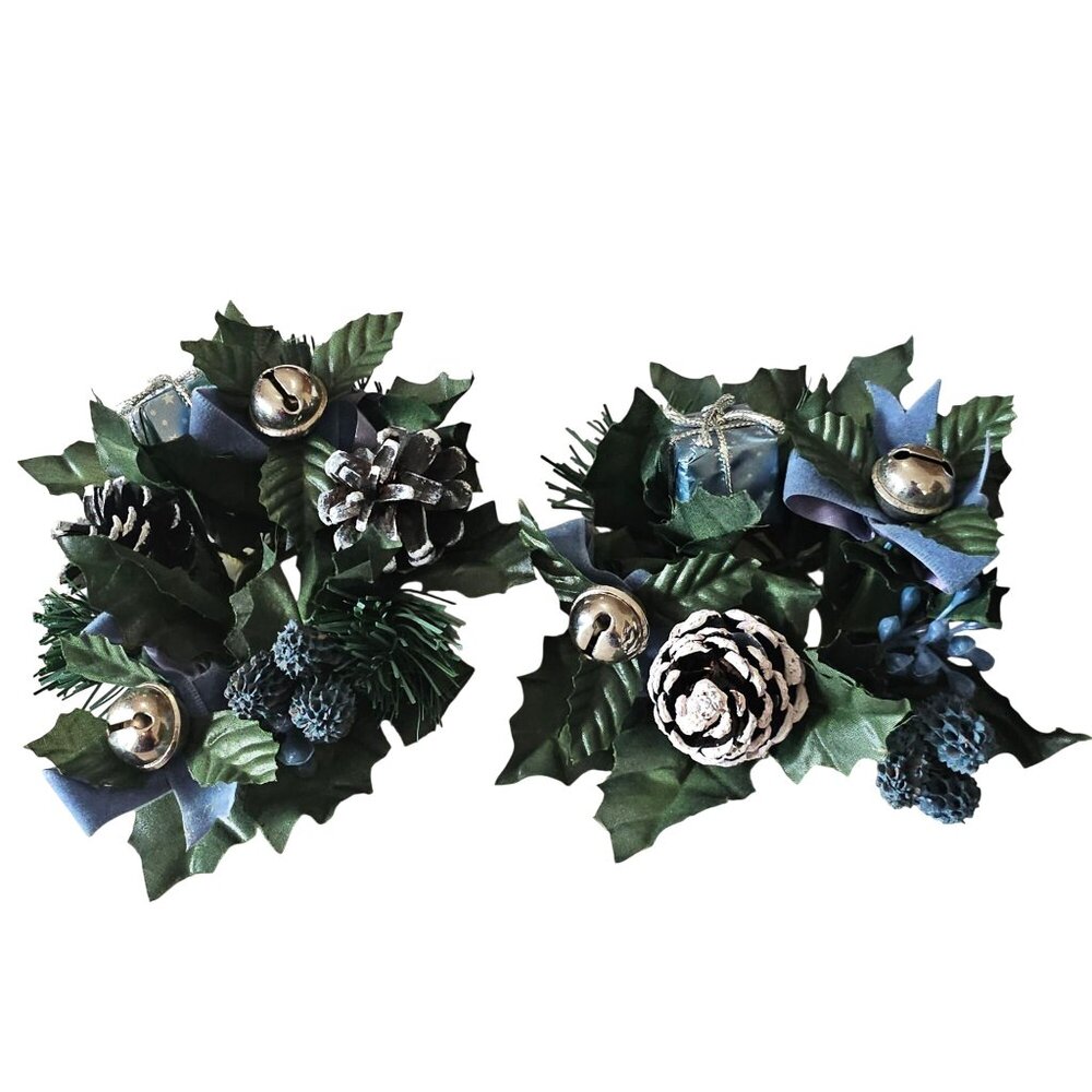 2 Holly Pinecone Candle Rings 5"  vintage silver bells blue ribbon